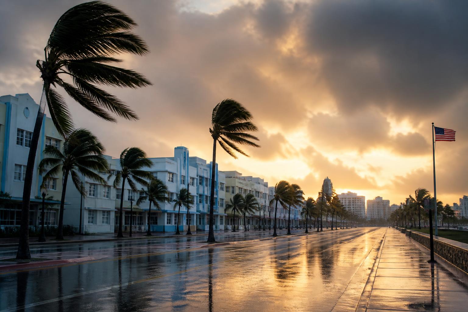Palmeras dobladas por el viento sobre el malecón vacío de Miami Beach al atardecer con cielo cargado antes de la llegada de un huracán