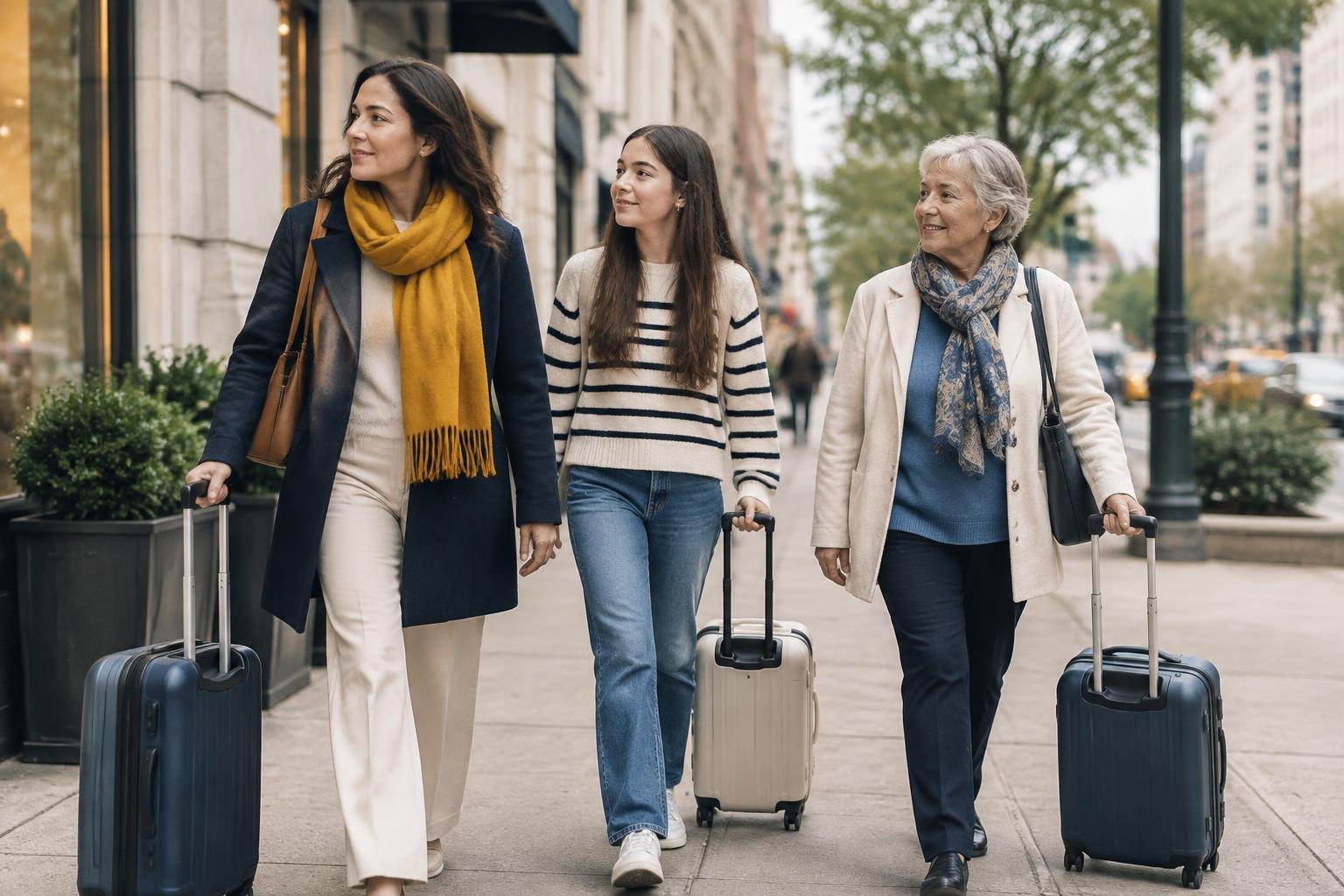 Familia argentina caminando con valijas por la vereda de una ciudad estadounidense