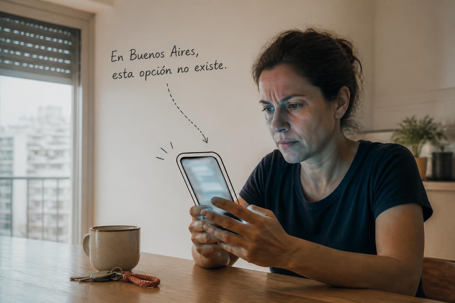 Mujer en la cocina de su casa en Buenos Aires mira en el celular un chat que le ofrece un turno express para la visa, con una anotación manuscrita encima