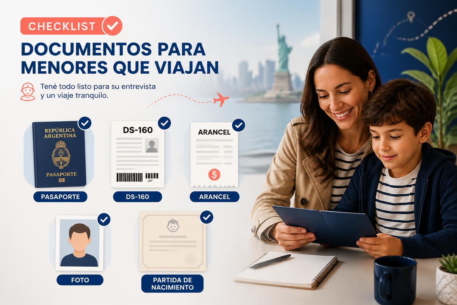 Ilustración de un checklist con los documentos del menor: pasaporte, DS-160, arancel, foto y partida de nacimiento