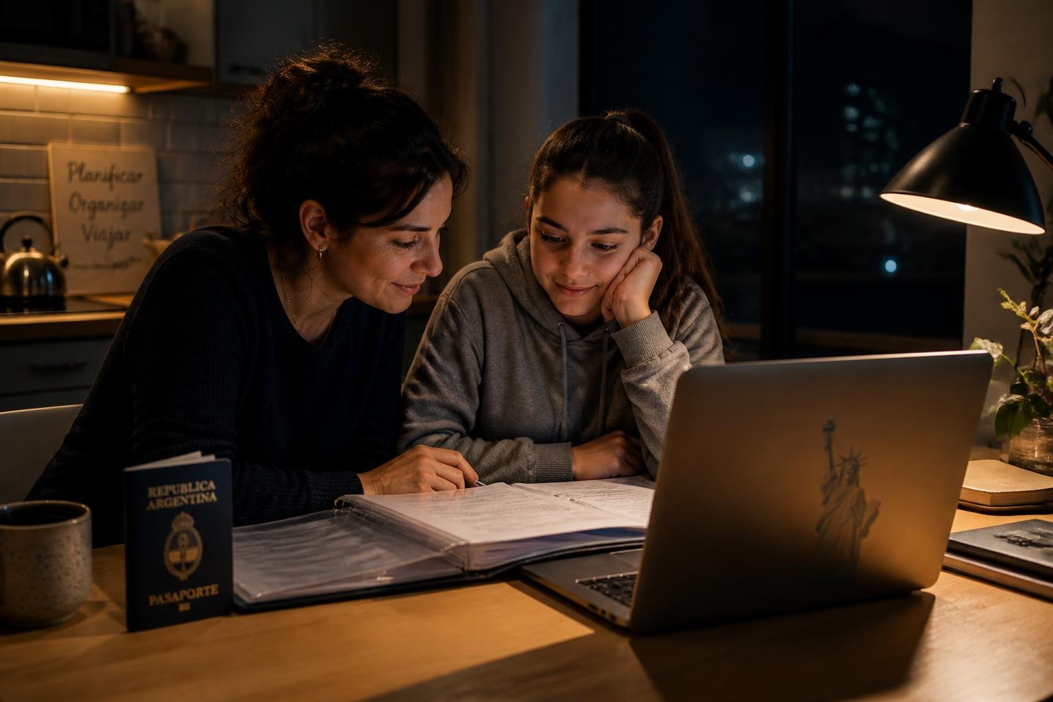 Madre y adolescente argentinos revisando juntos los papeles del trámite en una mesa iluminada por una lámpara