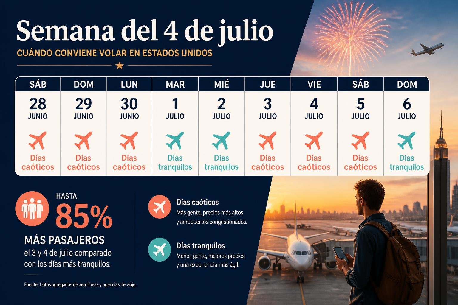 Calendario editorial de la semana del 4 de julio marcando los días caóticos en rojo y los días tranquilos en verde para volar