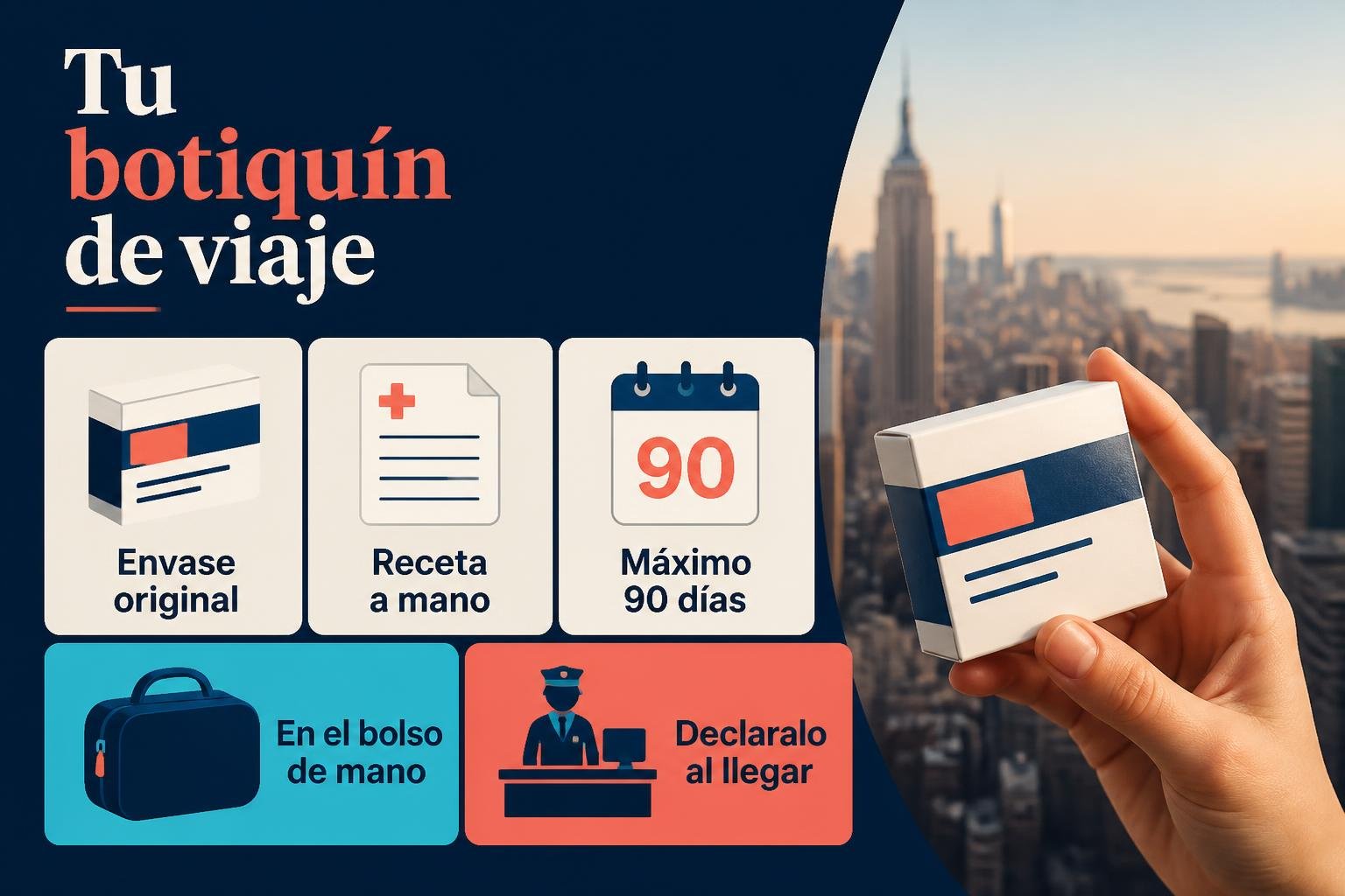 Infografía editorial con el checklist del botiquín de viaje: envase original, receta a mano, tope de 90 días, equipaje de mano y declaración en aduana