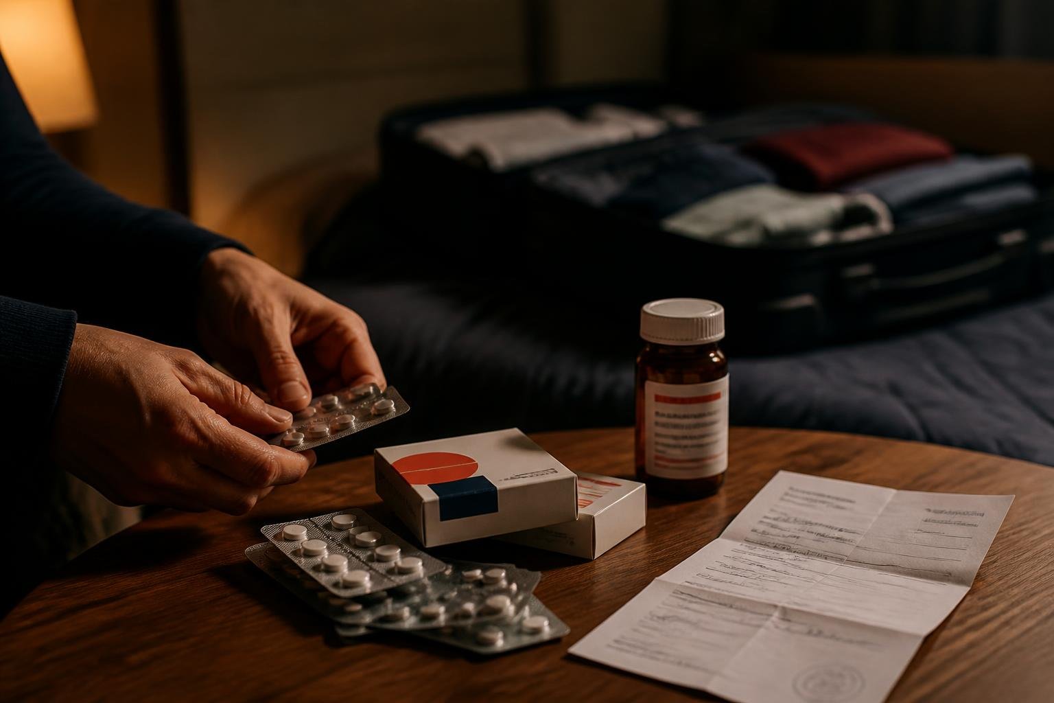 Fotografía documental de una mesa de noche con blísteres, un frasco de medicamentos y una receta junto a una valija abierta, con luz cálida de lámpara