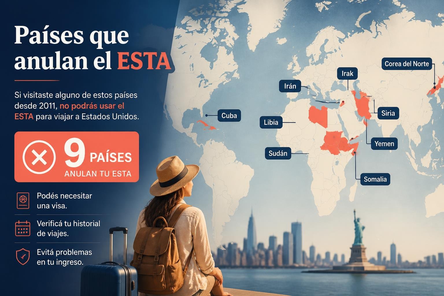 Mapa editorial que resalta los países cuyo ingreso anula el permiso ESTA