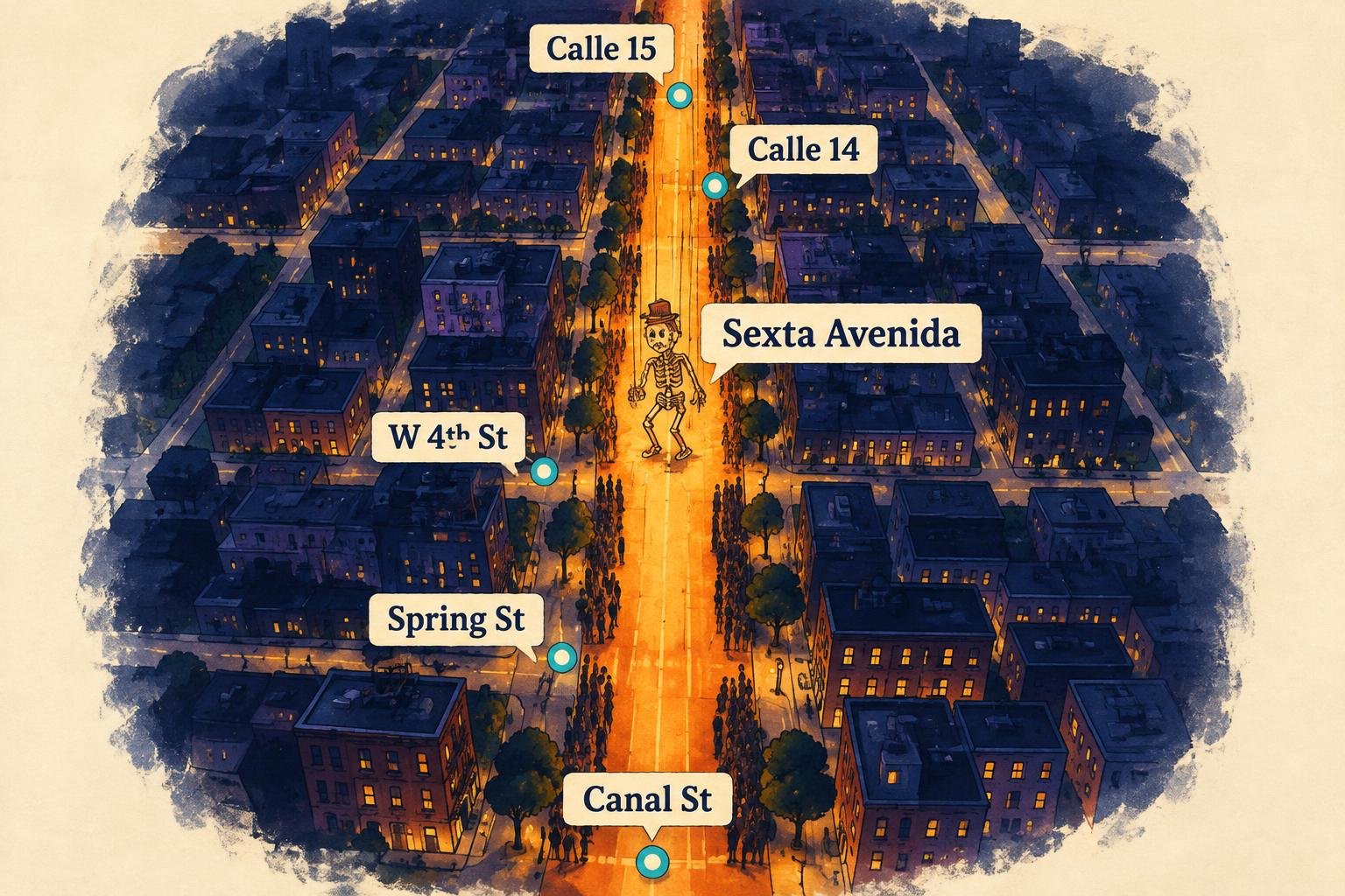 Mapa ilustrado del recorrido del desfile por la Sexta Avenida, de Canal Street a la calle 15, con las estaciones de subte cercanas