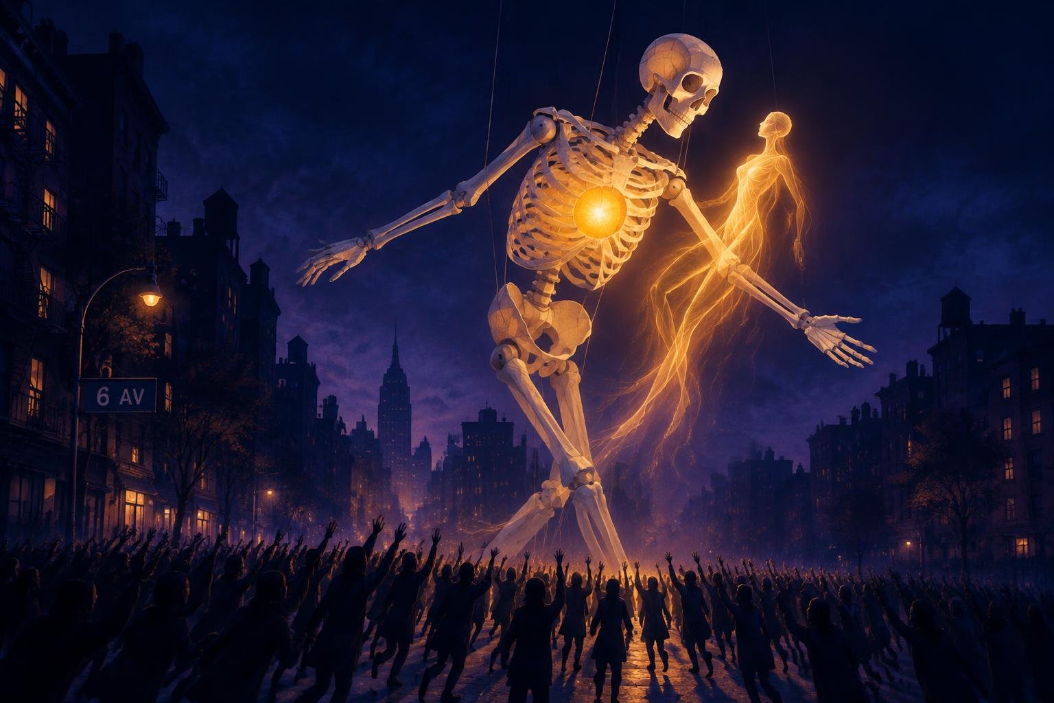 Títeres gigantes de esqueletos luminosos se elevan sobre la multitud del desfile de Halloween en Greenwich Village