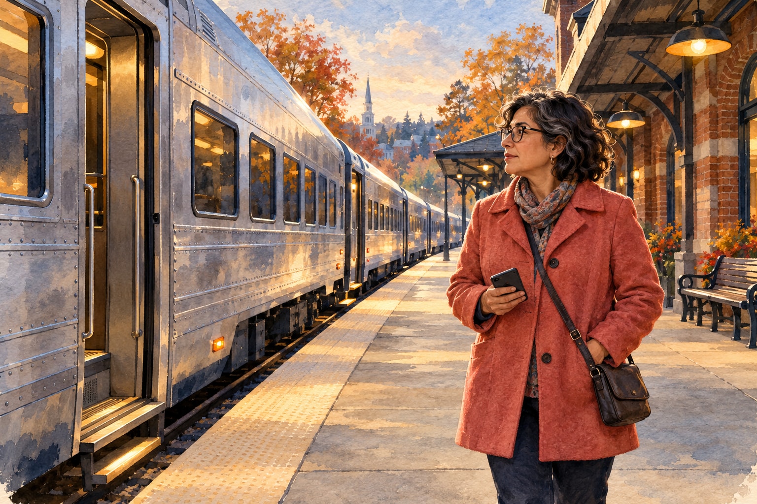 Acuarela conceptual de una viajera con abrigo junto a un tren en una estación de Nueva Inglaterra