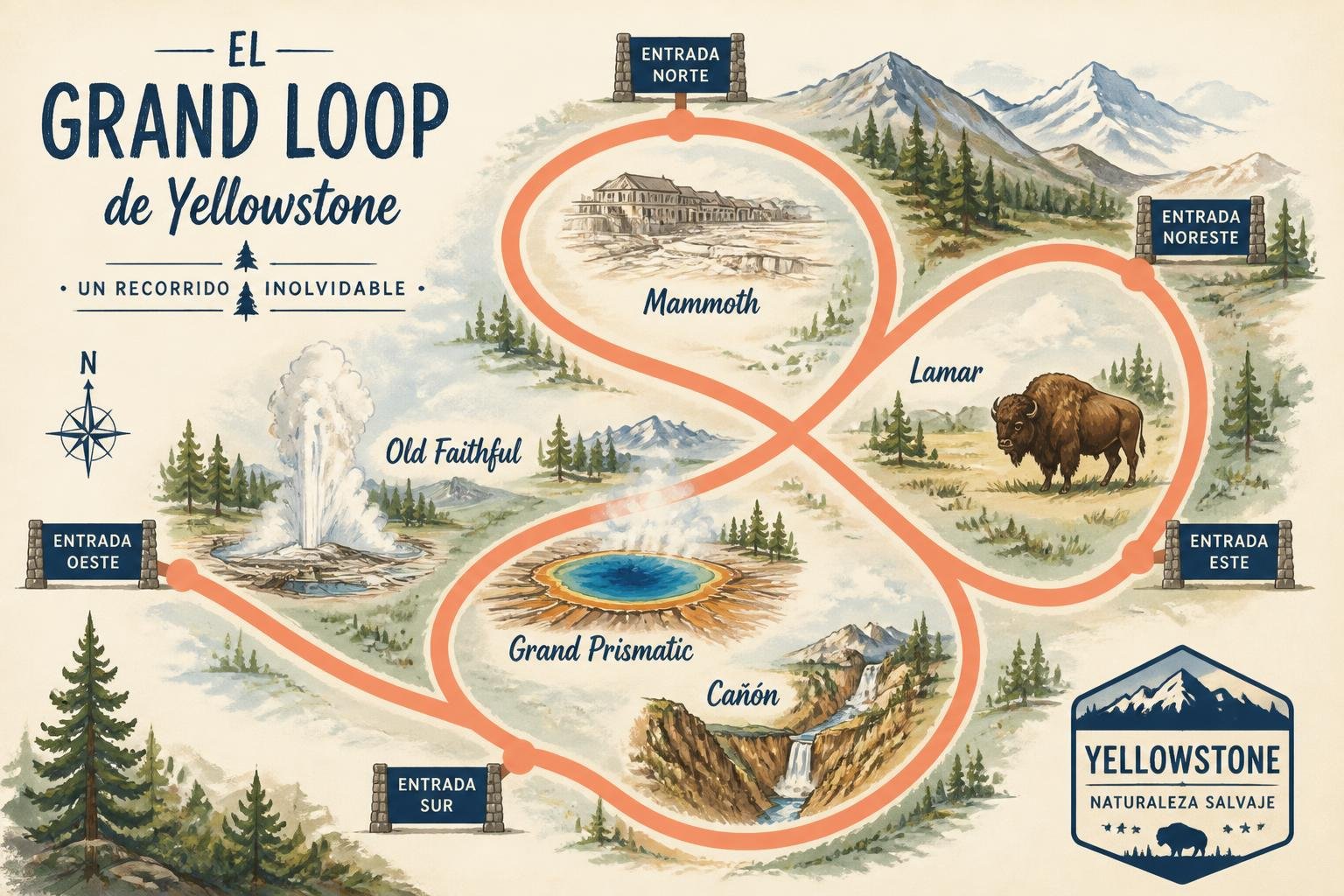 Mapa ilustrado del Grand Loop de Yellowstone marcando Old Faithful, Grand Prismatic, Mammoth, el Gran Cañón del Yellowstone y el valle de Lamar