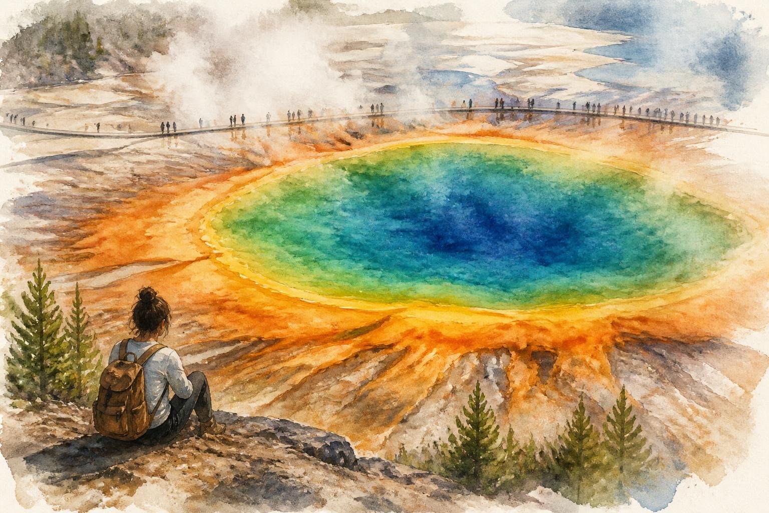 Ilustración en acuarela del Grand Prismatic Spring con sus anillos de color turquesa, verde y naranja entre el vapor
